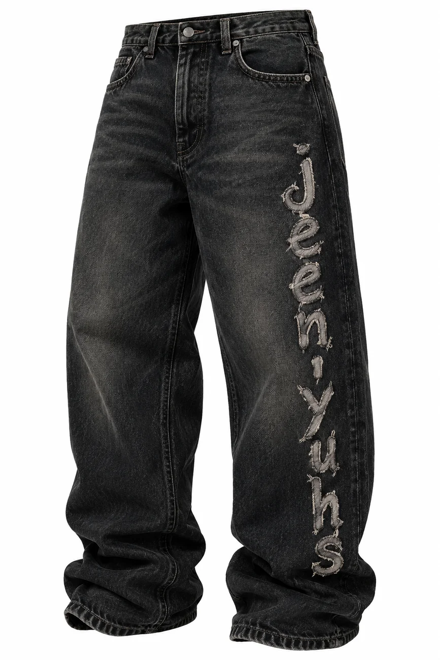 Wide-leg washed black jeen-yuhs embroidered denim — coming soon